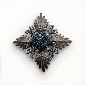 Royal Ontario Museum ROM Gunmetal Tone Blue Rhinestone Flower Pendant Brooch